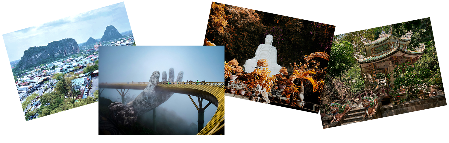 Images from Hue Danang: View of the Marble Mountains inside the city, the golden bridge, a white statue surrounded by foliage, a temple